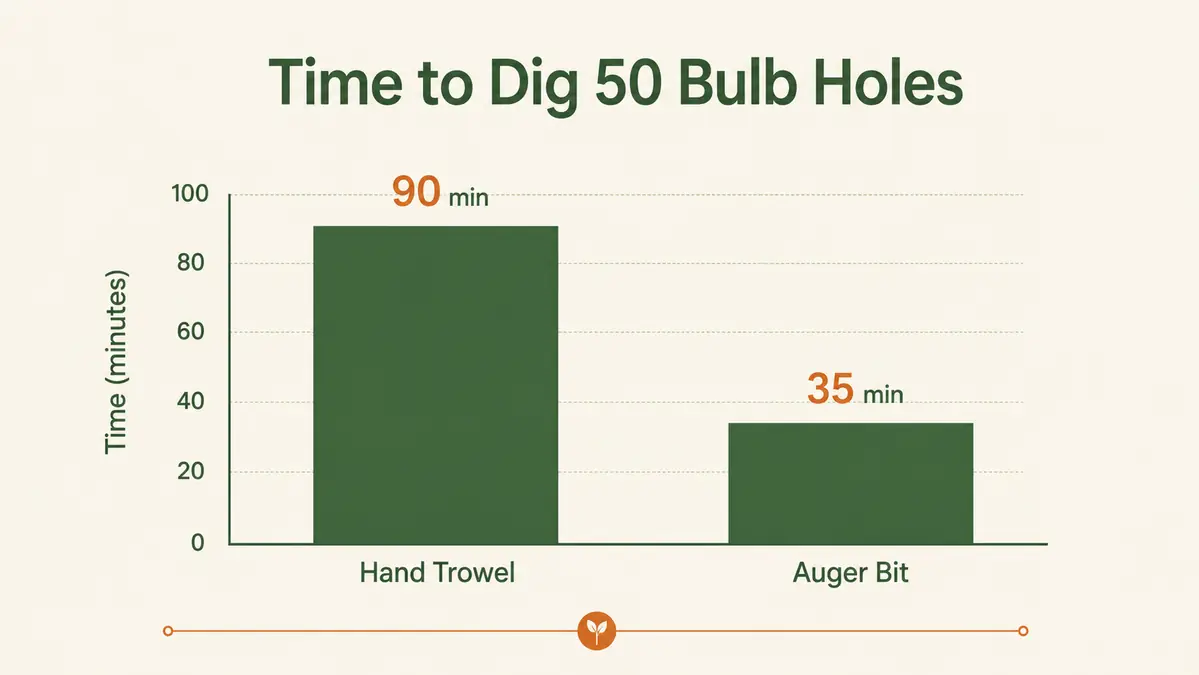 Bar chart comparing minutes to dig fifty bulb holes with a hand trowel versus a drill-powered auger bit