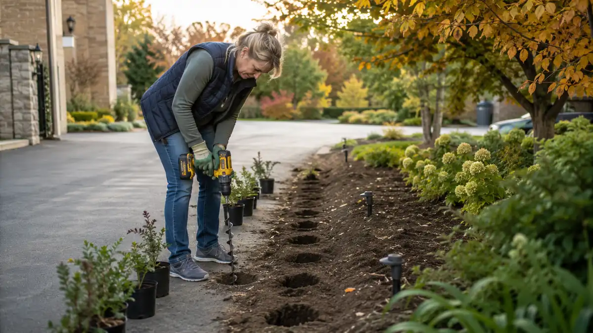 Gardener standing upright and boring a row of evenly spaced holes along a flower bed with a drill-powered auger bit