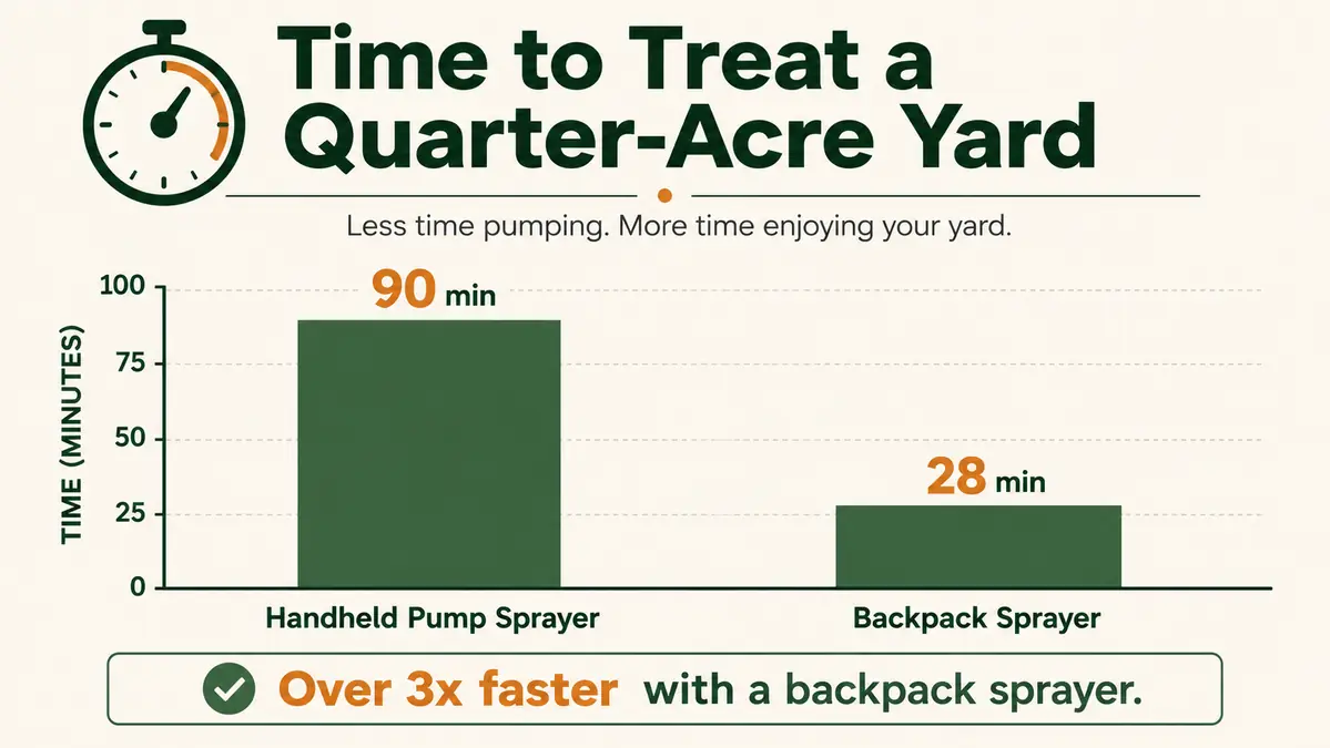 Bar chart comparing minutes to treat a quarter-acre yard with a handheld pump sprayer versus a backpack sprayer