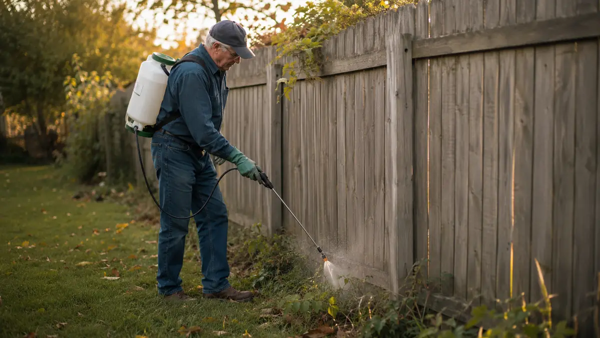 Gardener wearing a backpack sprayer walking along a wooden fence line spraying weeds