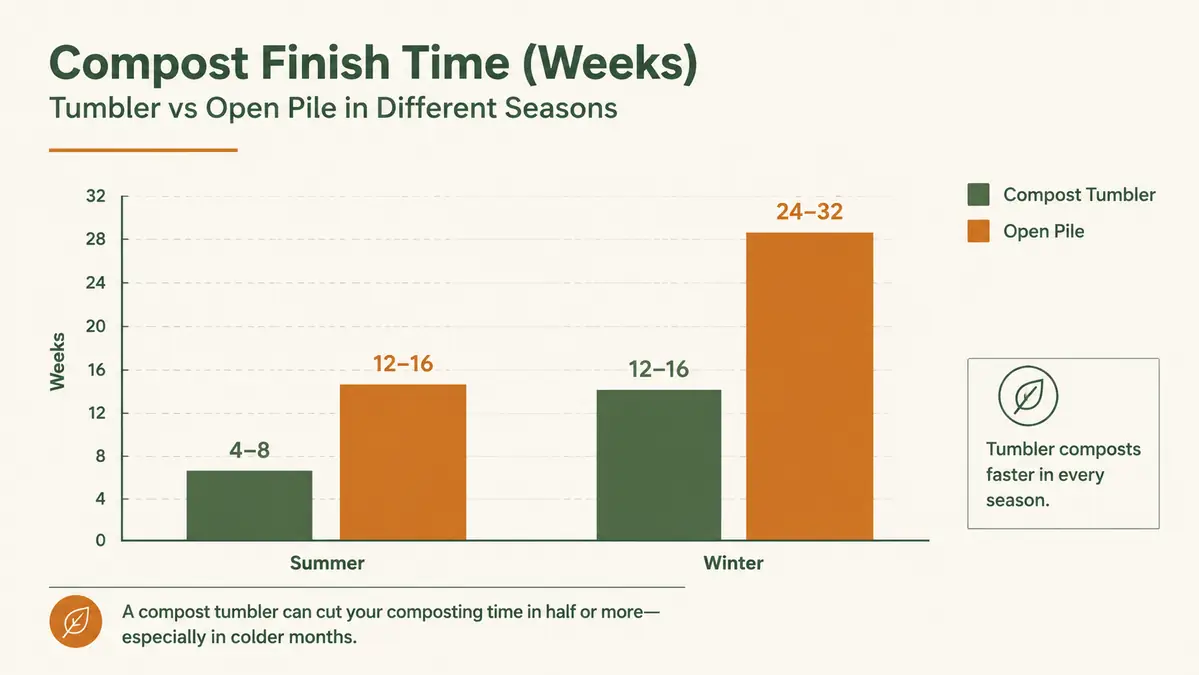 Chart comparing compost finish time between a compost tumbler and an open pile across seasons