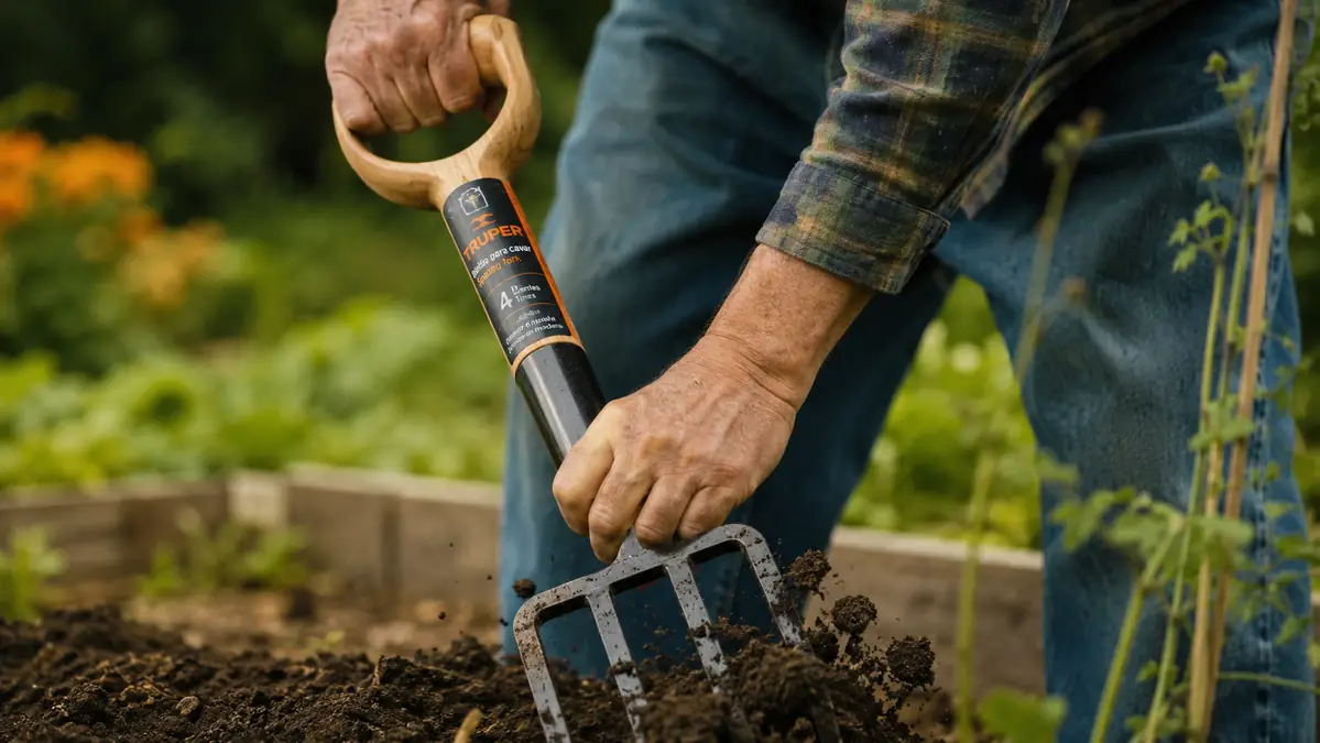 Close-up of a hand gripping the wood D-handle of a spading fork with four steel tines pushed into soil