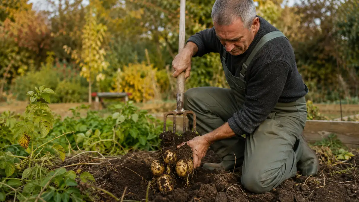 Gardener lifting a full clump of potatoes from loosened soil using the tines of a digging fork