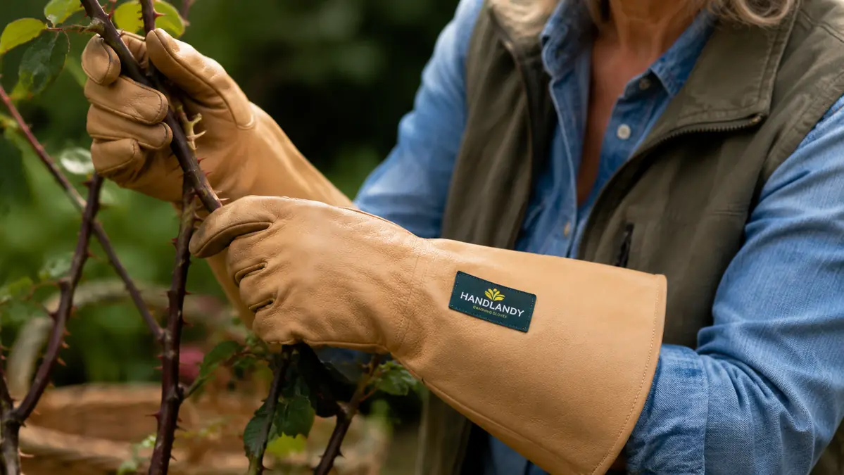 Close-up of a hand in a HANDLANDY gauntlet glove gripping a thorny rose cane, showing the long leather cuff covering the wrist and forearm