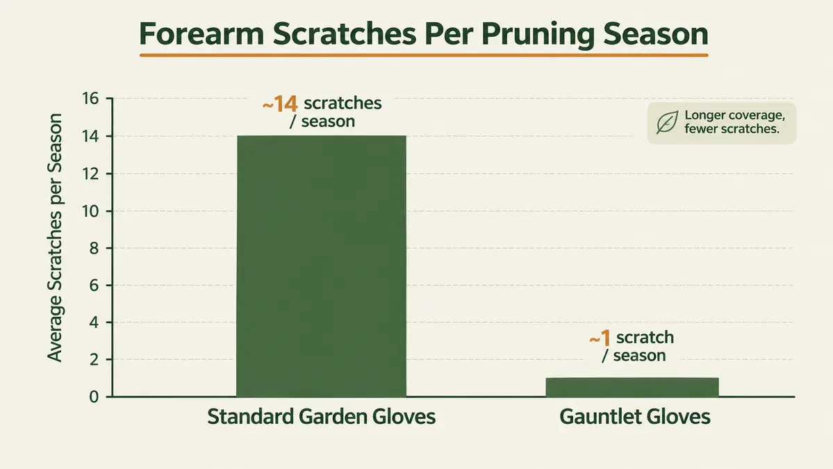 Bar chart comparing forearm scratch incidents per season with standard garden gloves versus gauntlet gloves