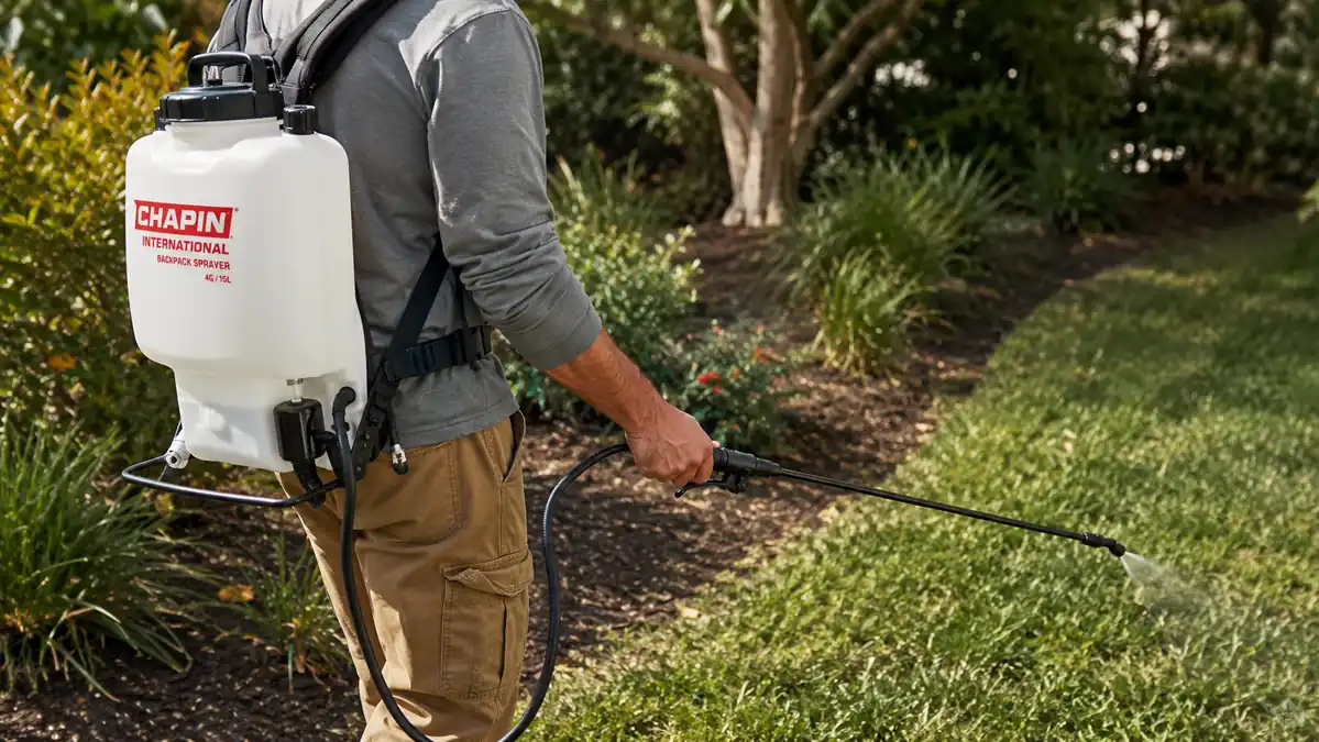 Gardener wearing a white four gallon backpack sprayer, aiming the wand low across a strip of grass along a wooden fence