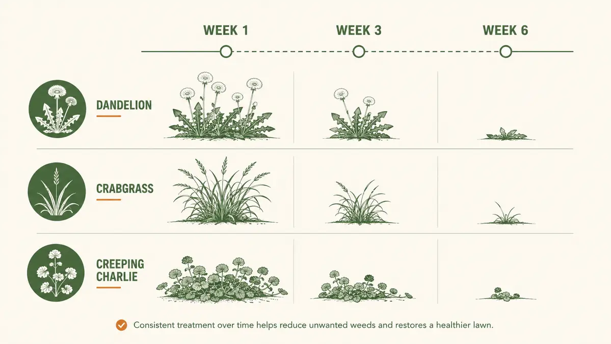 Simple timeline chart showing weed coverage shrinking from week 1 to week 6 across three treated patches