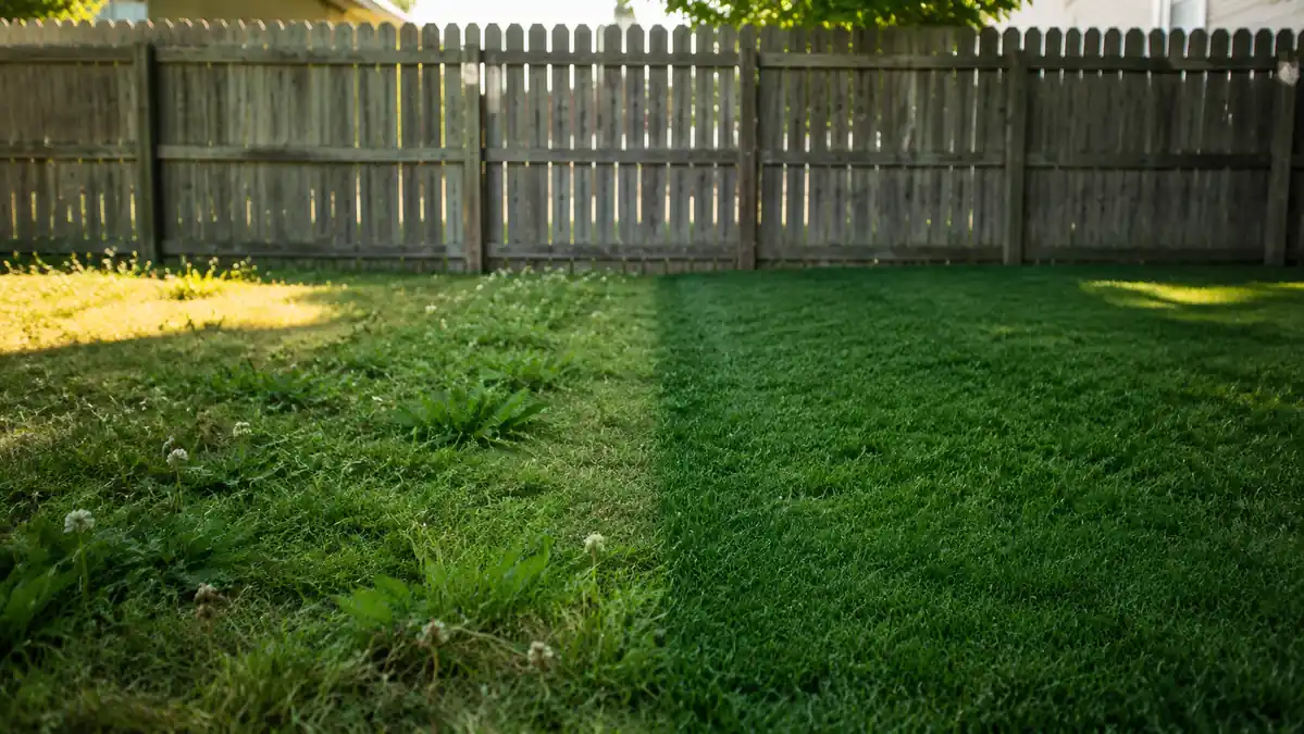 Fence line divided showing patchy weedy grass on one side and thick even grass on the other