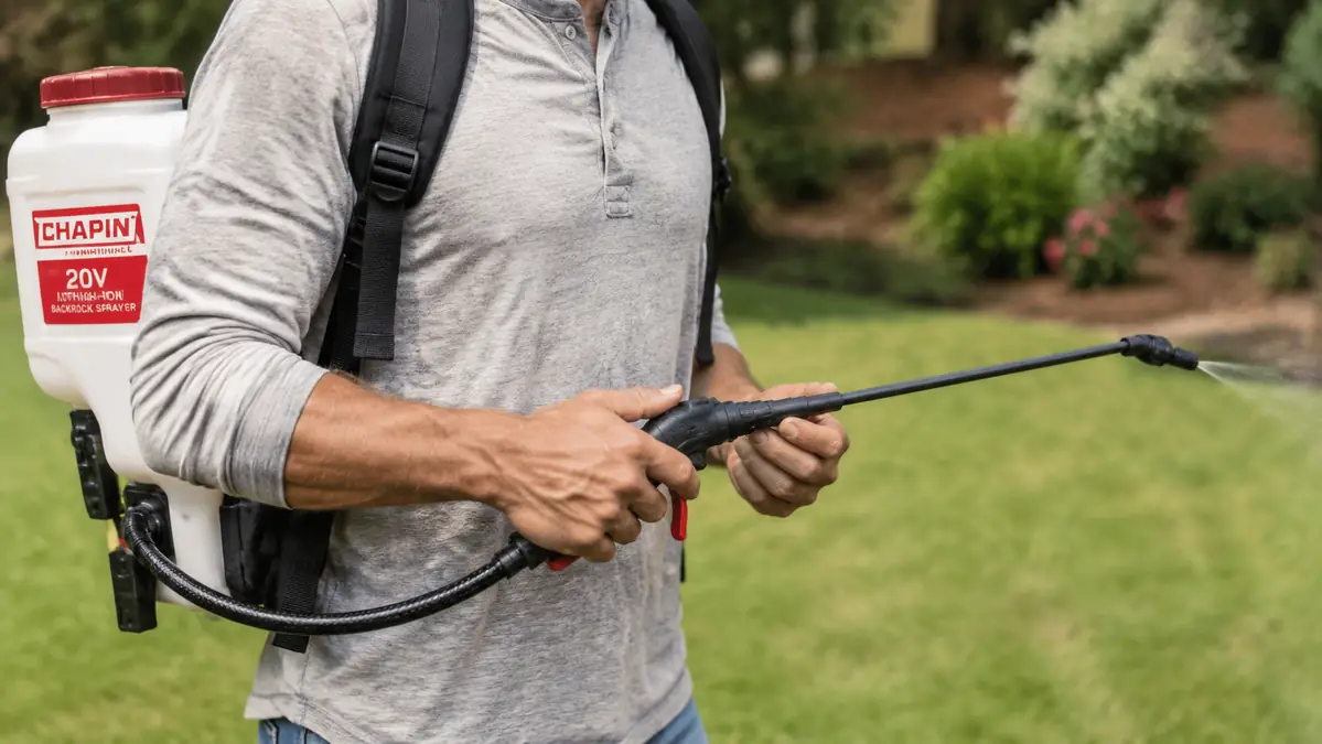 Close-up of hands adjusting the cushion grip shut-off valve on the spray wand of a backpack sprayer