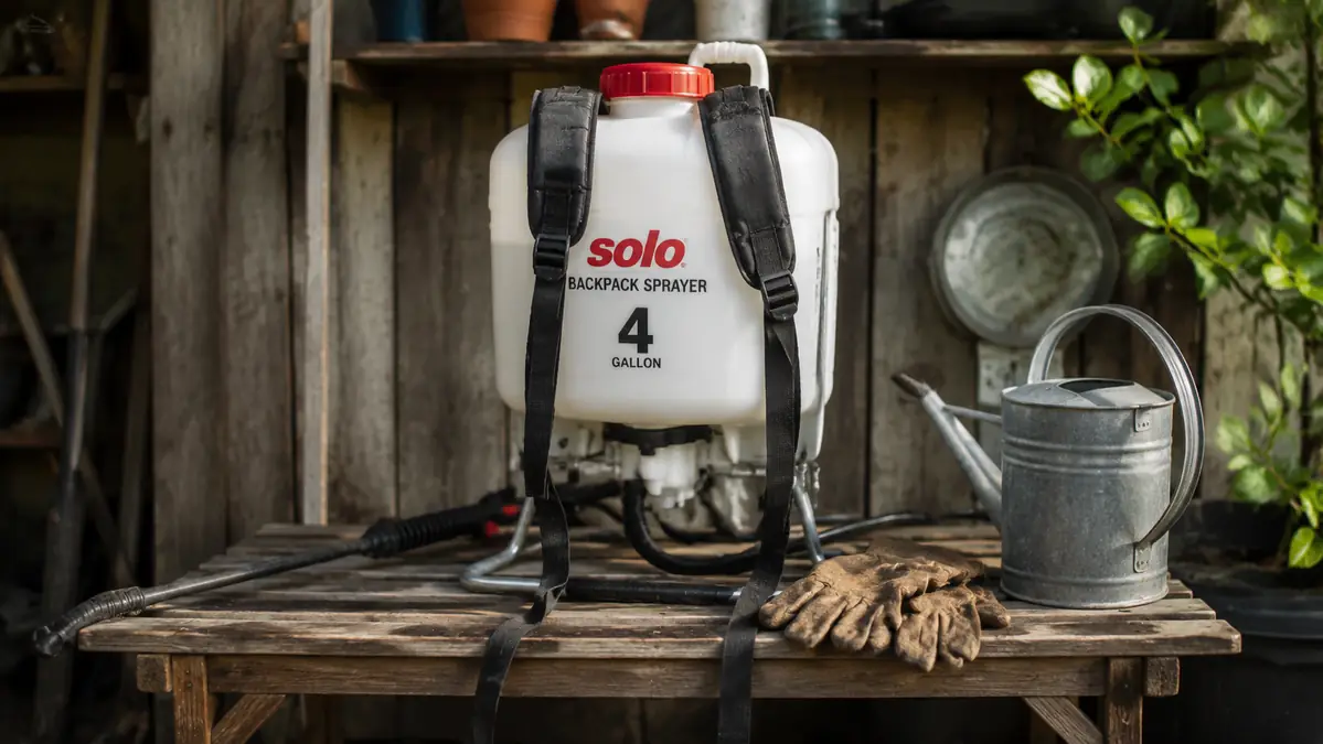Backpack sprayer tank sitting on a garden bench next to gloves and a watering can, straps worn from regular use