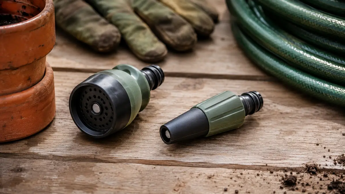 Close-up of the sprayer's fan and cone nozzle tips side by side