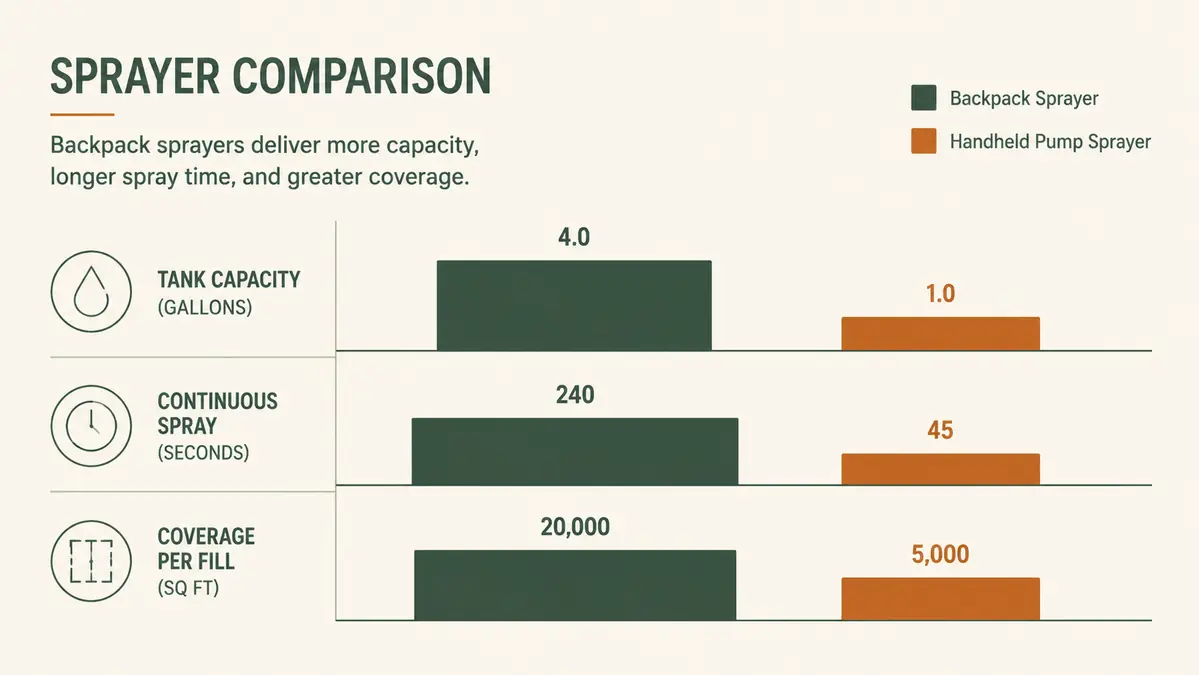 Chart comparing tank capacity, continuous spray time, and coverage per fill between a backpack sprayer and a handheld pump sprayer