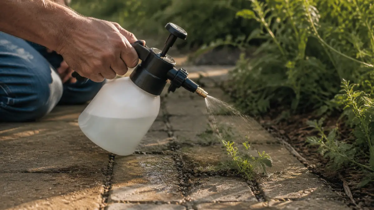 A small handheld pump sprayer being used to spot-treat weeds along a garden path