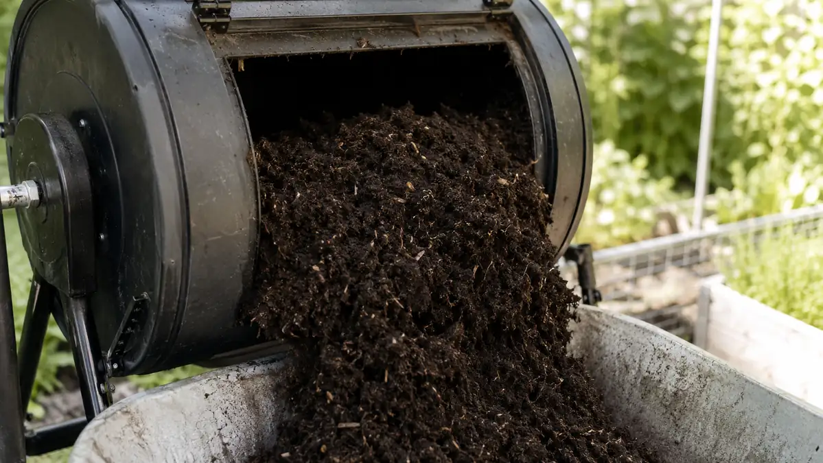 Dark, crumbly finished compost being turned out of the tumbler into a wheelbarrow