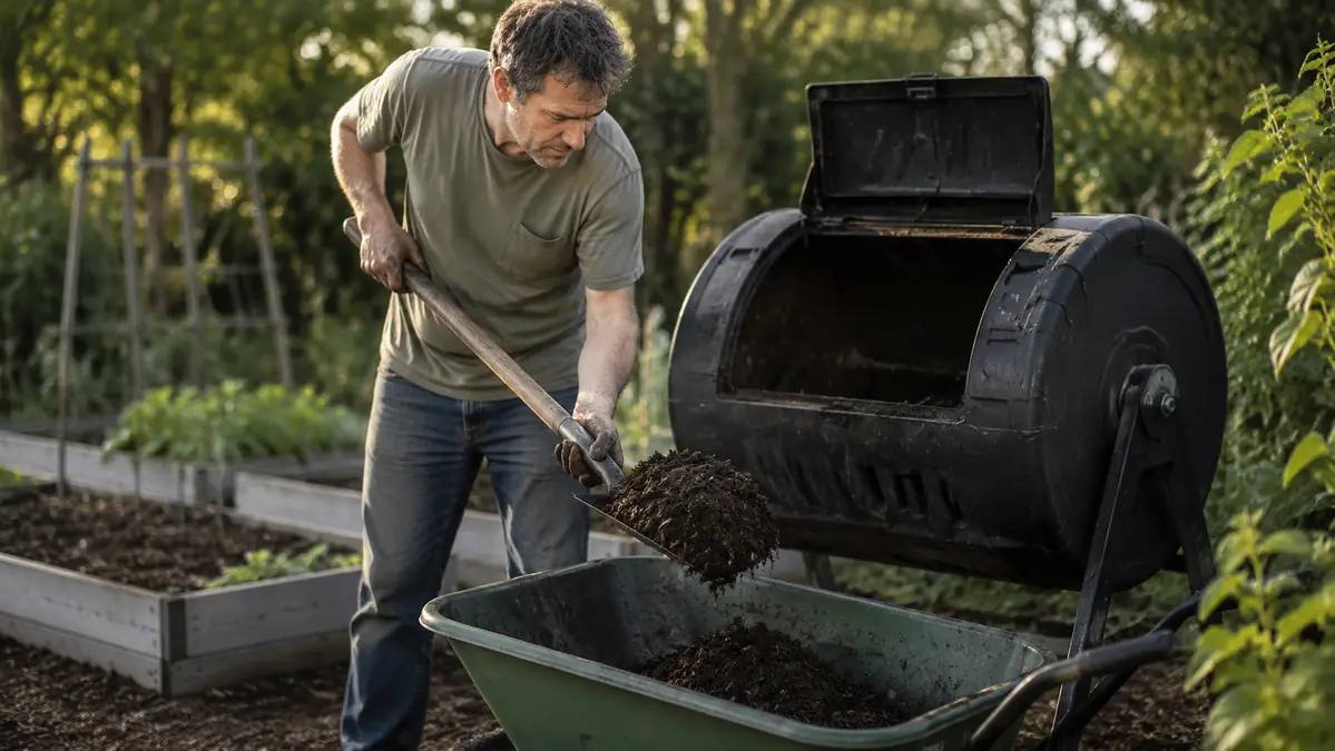 Finished dark crumbly compost being shoveled out of the tumbler chamber into a wheelbarrow