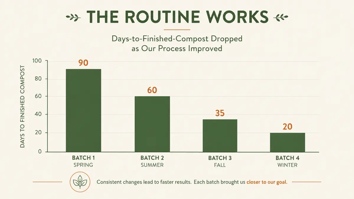 Chart showing days to finished compost for each of the four batches run over one year