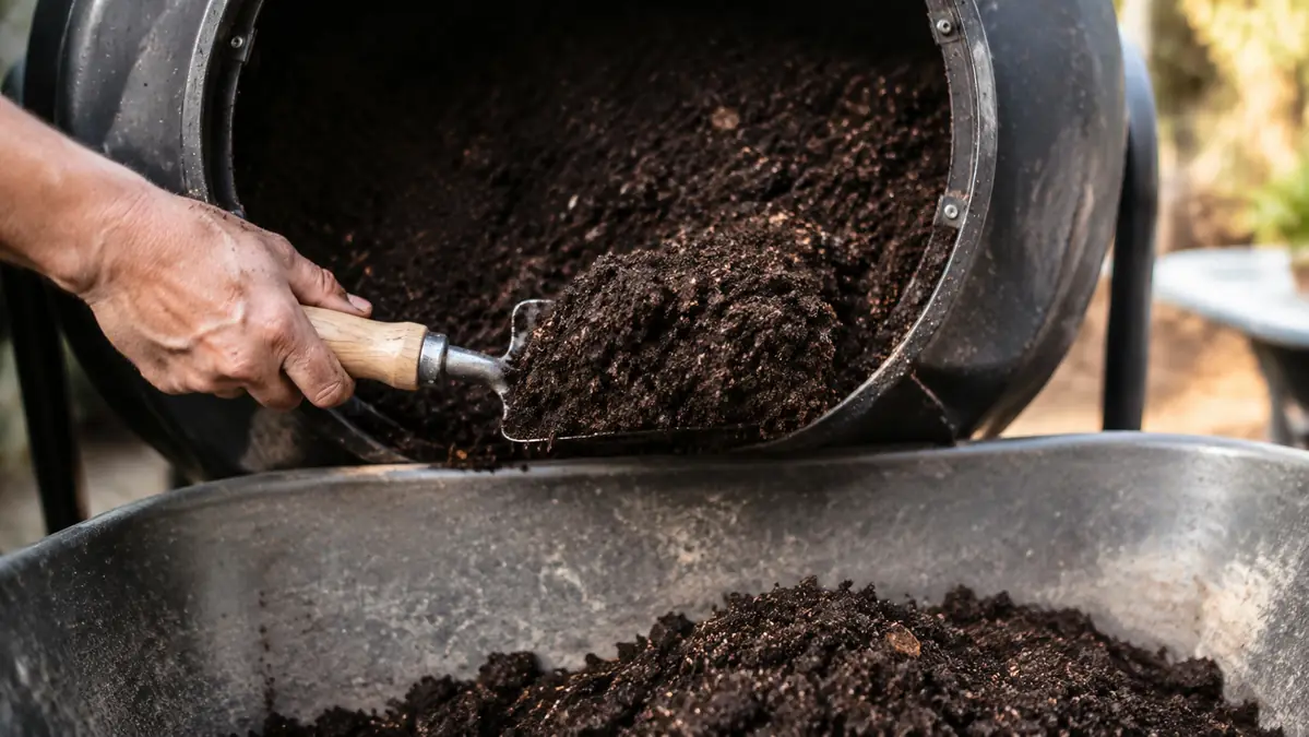 Close-up of dark, crumbly finished compost being scooped out of the tumbler chamber