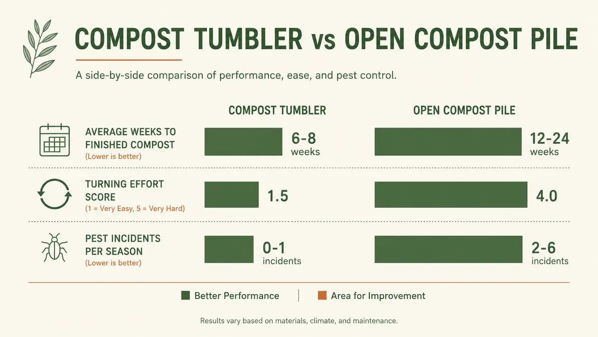Chart comparing weeks to finished compost, turning effort, and pest incidents between a tumbler and an open pile