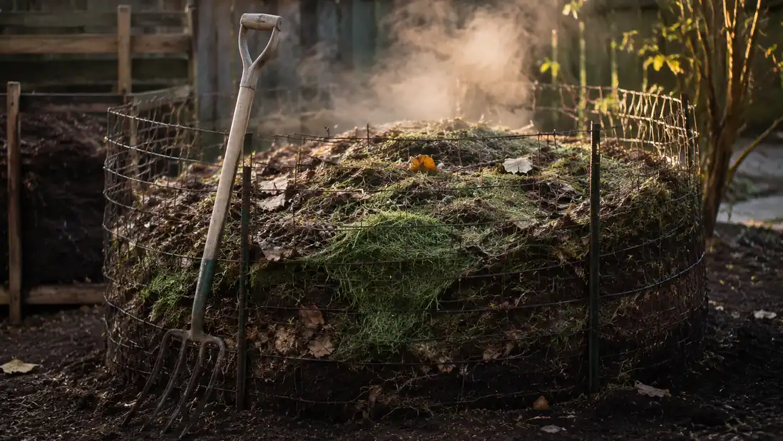 An open compost pile in a wire bin with a pitchfork leaning against it, steam rising on a cool morning
