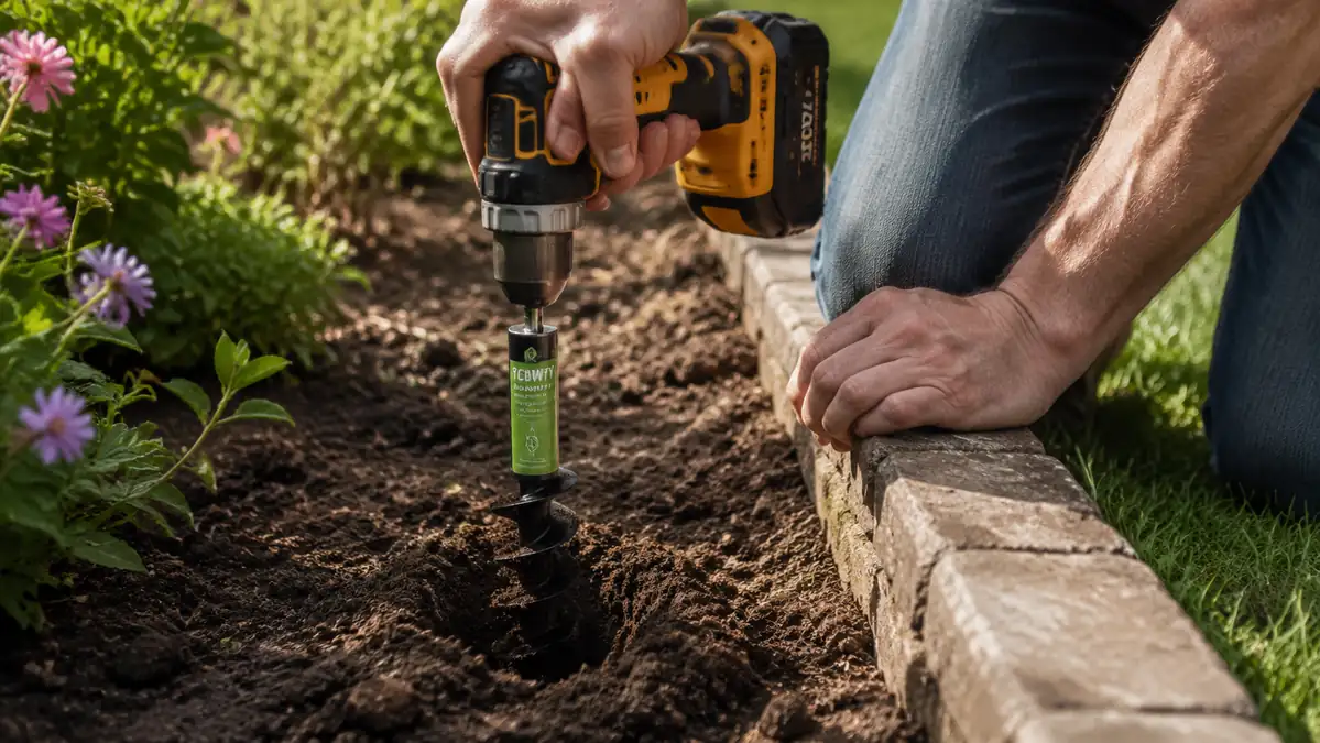 Gardener using a cordless drill with a long spiral auger bit to bore a planting hole in a flower border