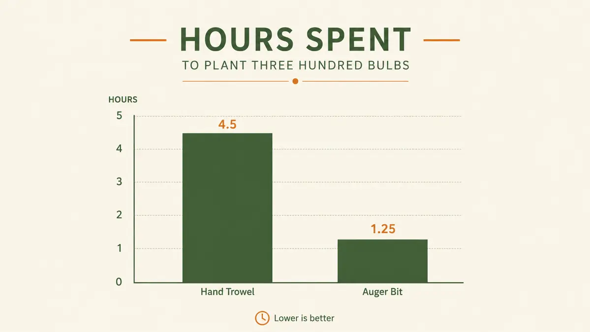 Simple bar chart comparing time spent digging bulb holes by hand trowel versus drill auger bit