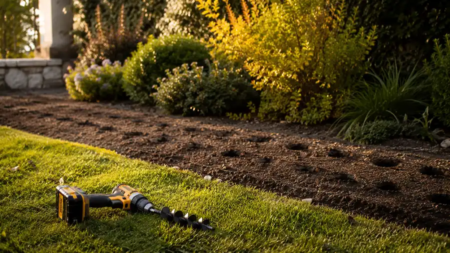 Rows of freshly planted tulip bulbs along a garden border with a cordless drill resting on the grass nearby