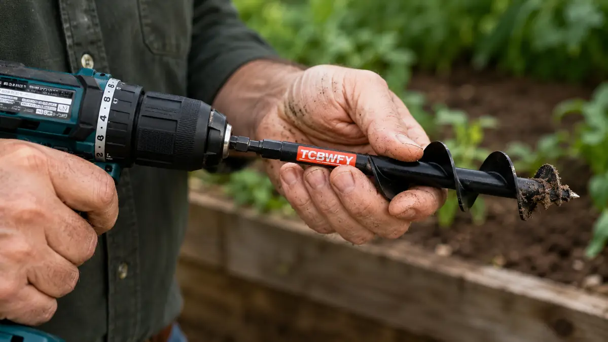 Close-up of a hand tightening a cordless drill chuck around the hex shaft of a spiral garden auger bit