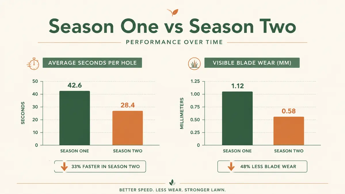 Chart comparing blade sharpness and hole-digging time across season one versus season two of use