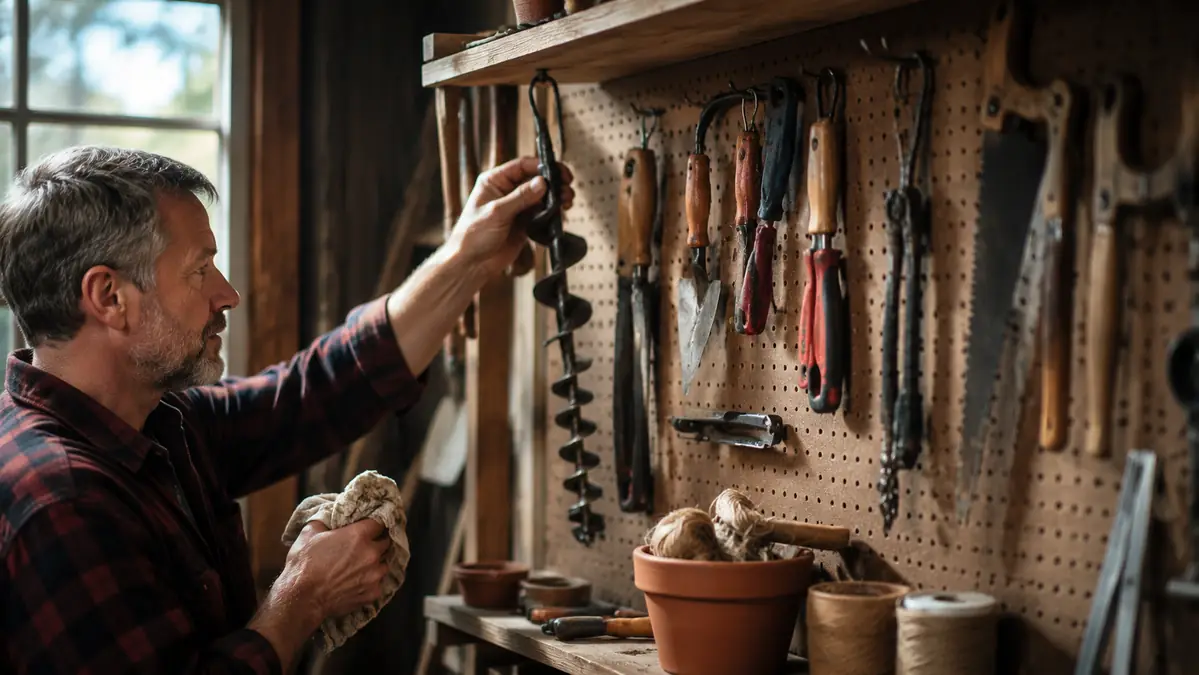 Auger drill bit hanging on a pegboard in a garden shed between planting seasons