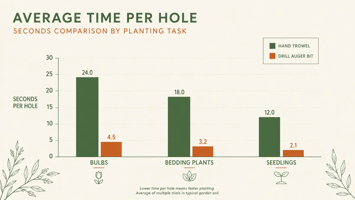 Chart showing time saved per hole comparing a hand trowel to a drill-powered auger bit across a spring planting season