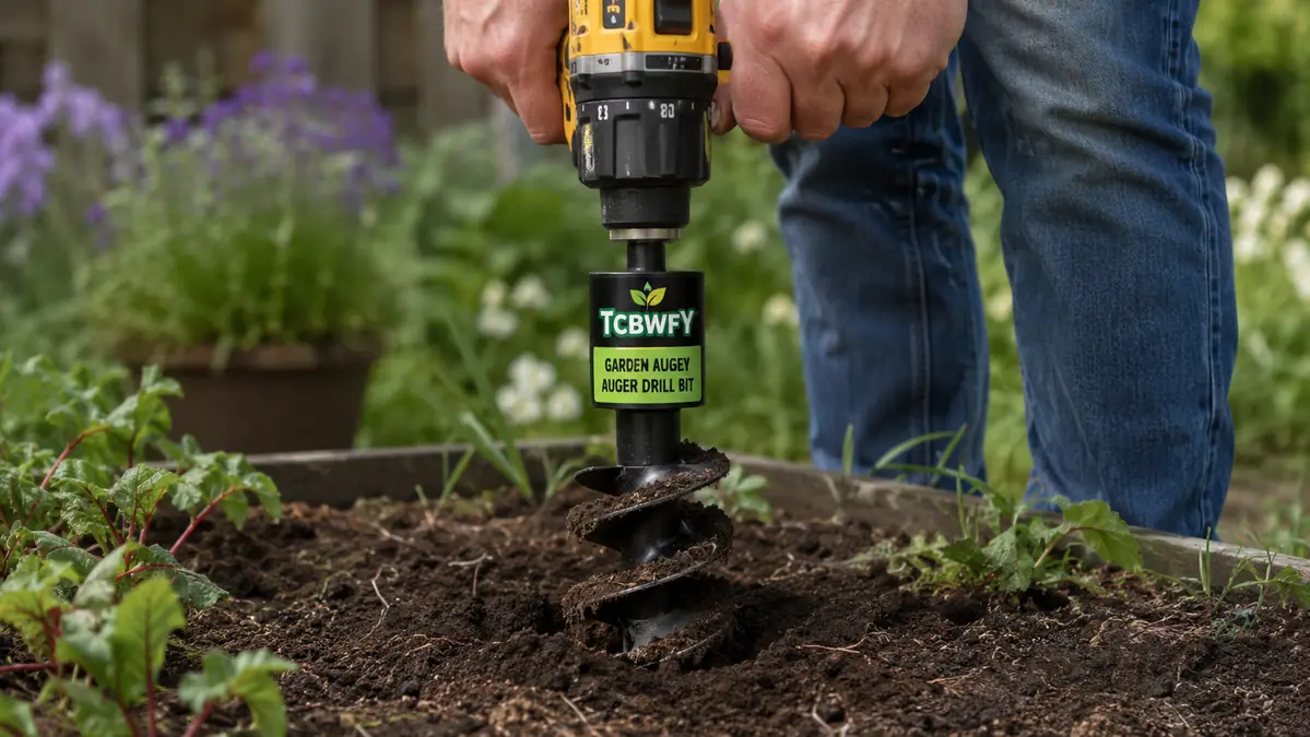 Close-up of a hand guiding a TCBWFY garden auger bit attached to a cordless drill as it bores a planting hole into dark garden soil