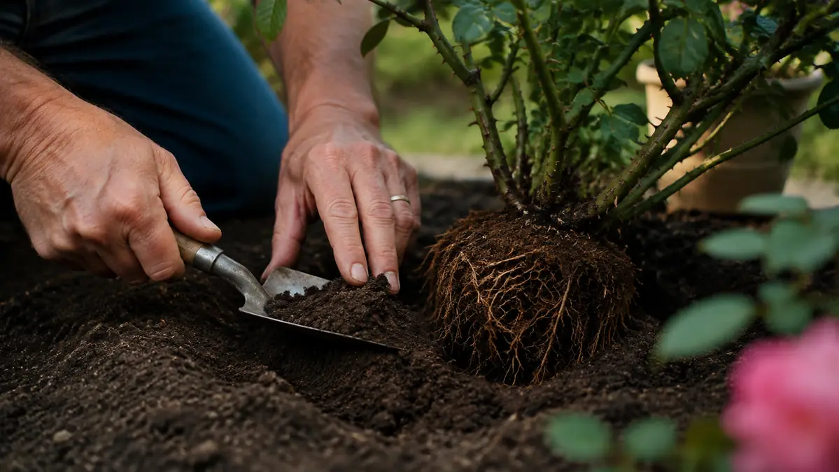 A gardener kneels in soil using a hand trowel to carefully tuck a small seedling into place near an established shrub