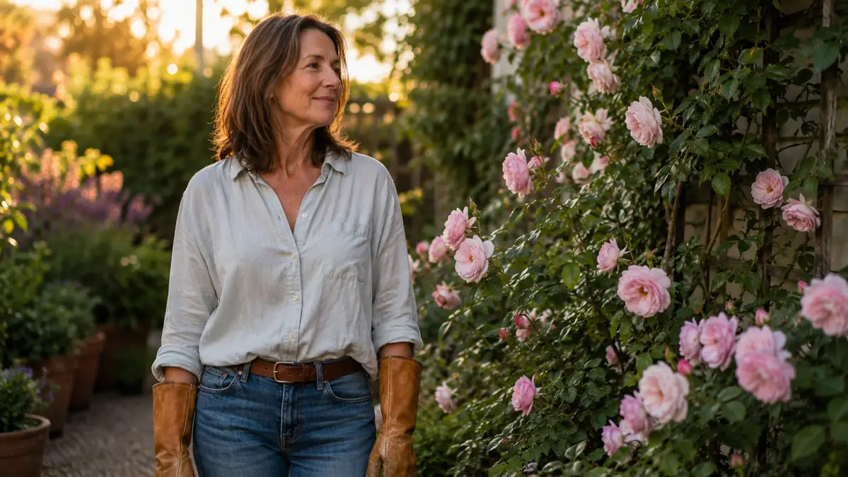 Gardener standing back and admiring a pruned rose bush while wearing long leather gauntlet gloves
