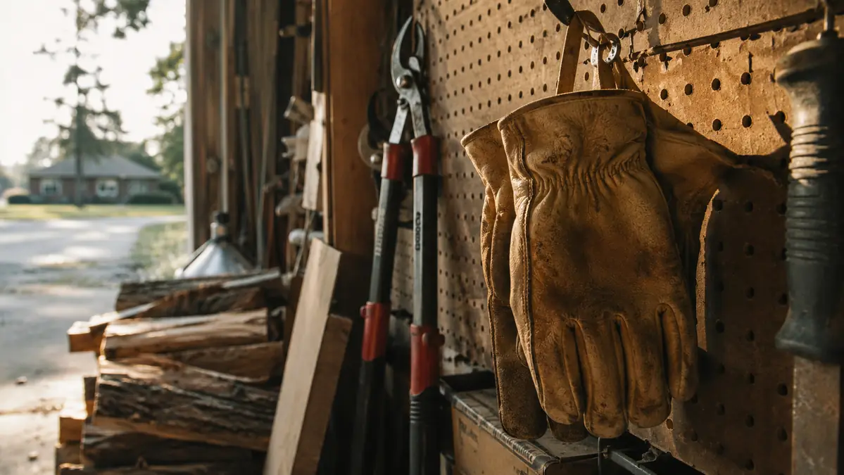 Worn leather gauntlet gloves hanging on a garage hook next to loppers and a firewood pile