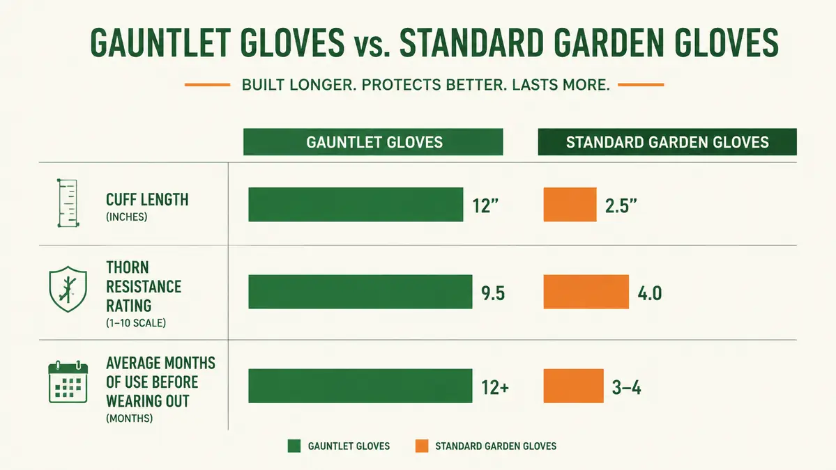 Chart comparing cuff length, thorn resistance, and durability between gauntlet gloves and standard garden gloves