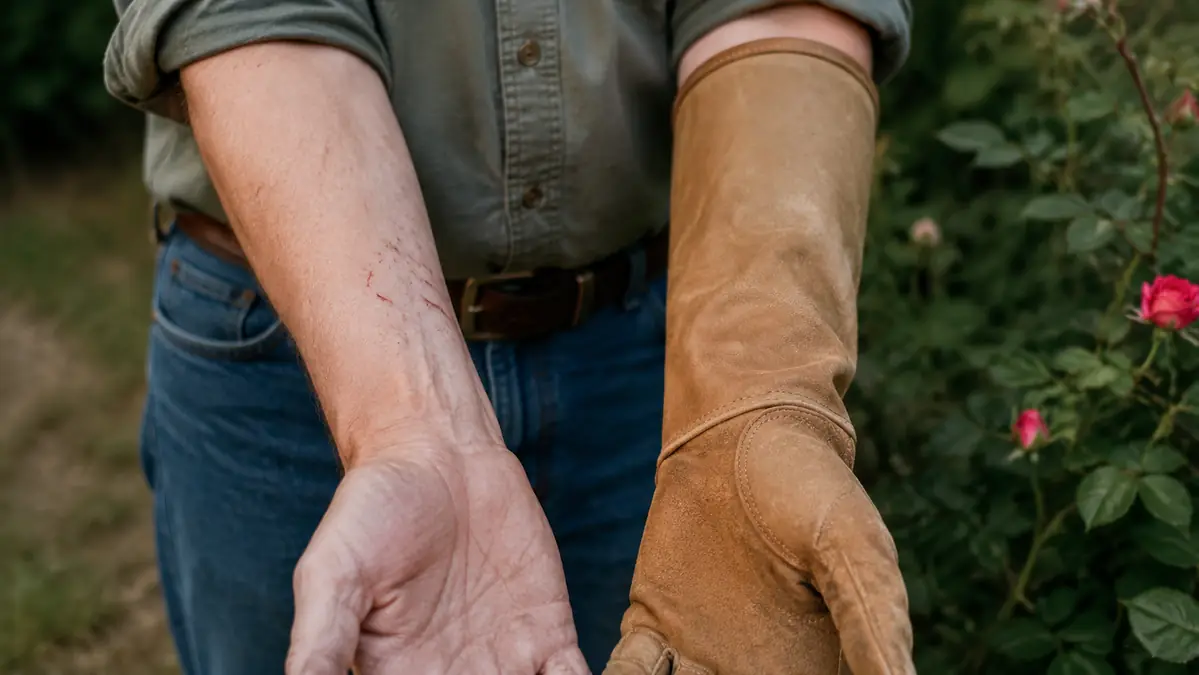 A gardener's bare, scratched forearm next to a gloved forearm fully covered by a leather gauntlet cuff
