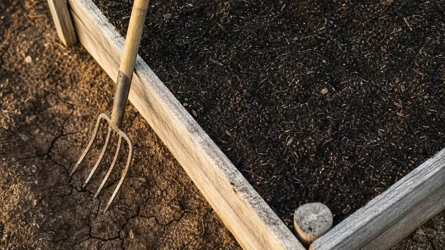 Raised garden bed with loosened, crumbly clay soil and compost topdressing after fork aeration