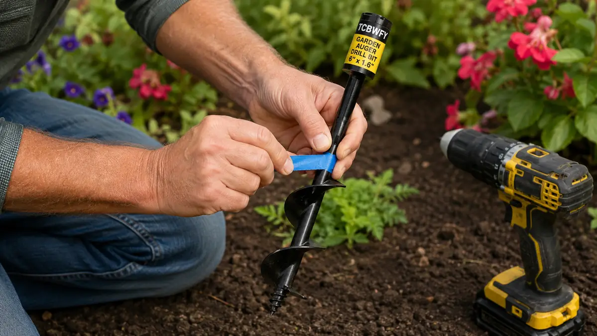 Close-up of a spiral garden auger bit marked with tape at the correct planting depth before drilling