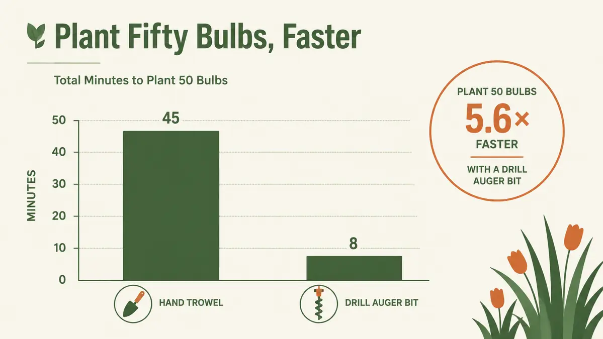 Chart comparing time spent planting fifty bulbs by hand trowel versus a drill-powered auger bit