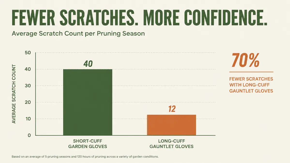 Chart comparing forearm scratches per pruning season with short garden gloves versus long-cuff gauntlet gloves