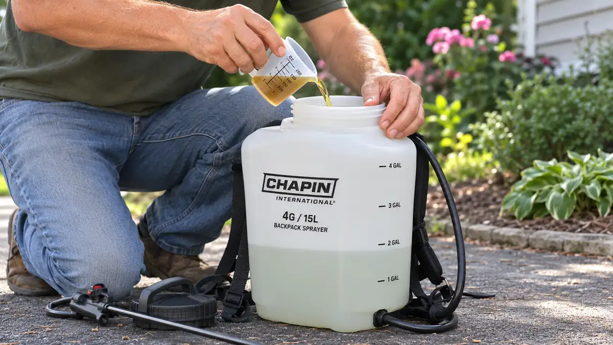 Close-up of hands mixing herbicide concentrate into a translucent backpack sprayer tank with gallon markings visible