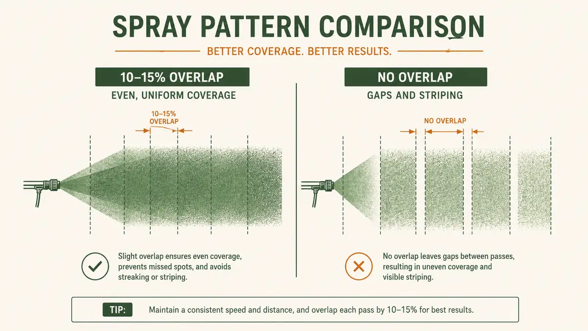 Diagram-style chart showing overlapping fan spray pattern versus a gapped, streaky spray pattern on grass