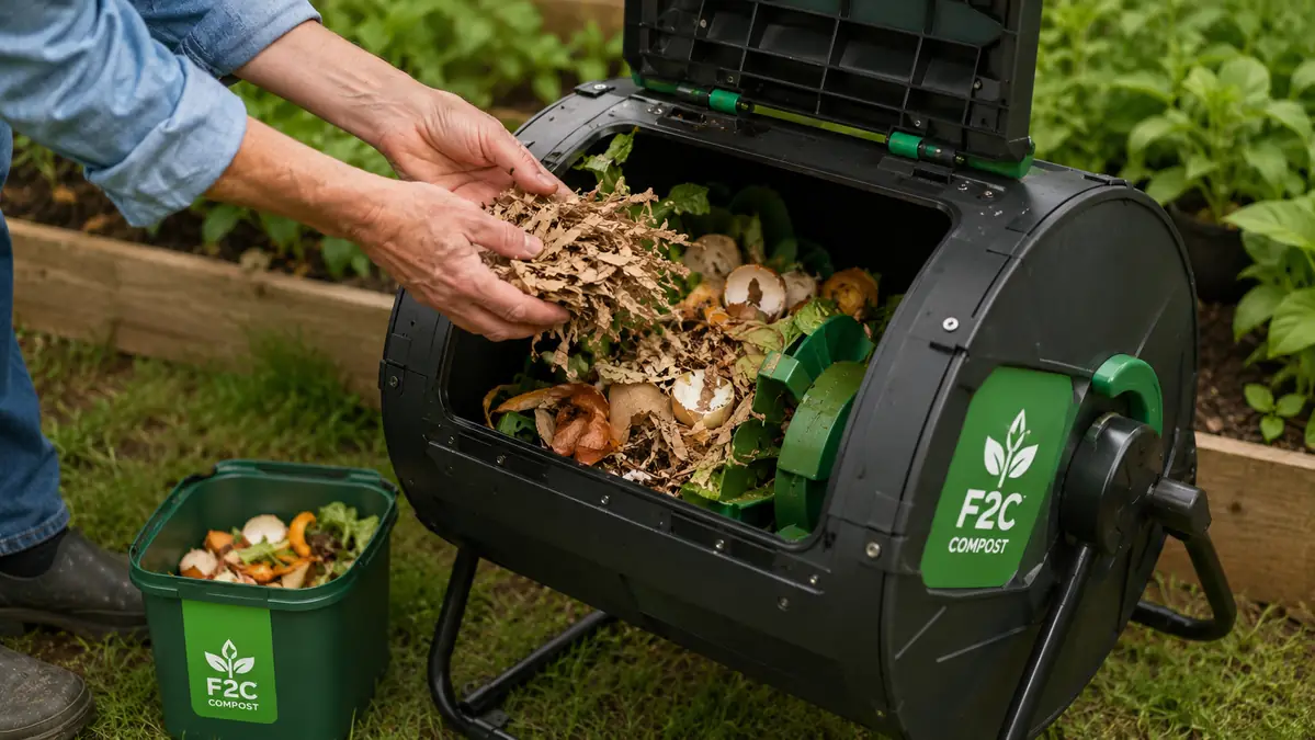 Hand layering shredded cardboard and kitchen scraps into an open chamber of the compost tumbler