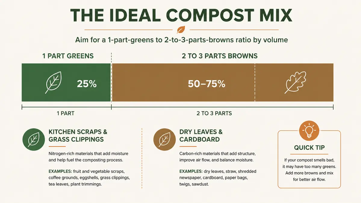 Simple chart showing an ideal greens-to-browns compost ratio by volume
