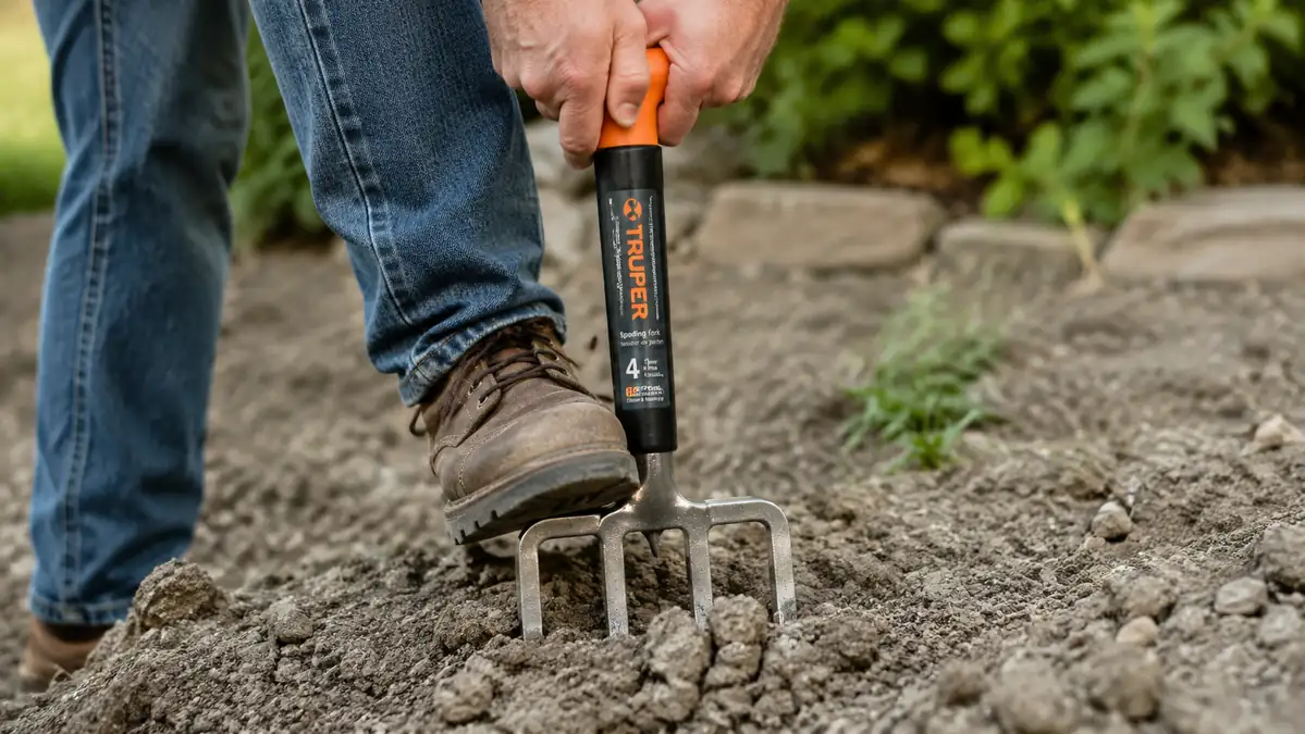 Hands driving a four-tine spading fork straight down into packed clay and gravel soil