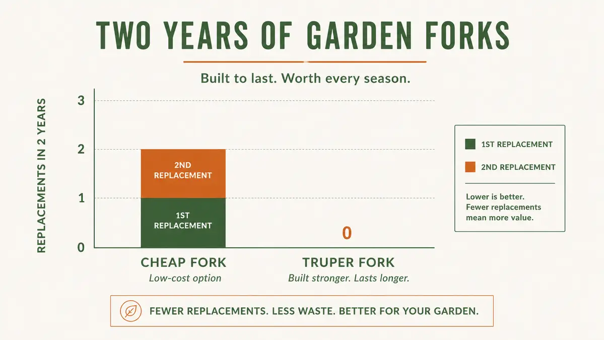 Chart comparing number of forks bought over two years, cheap replacement forks versus one Truper spading fork