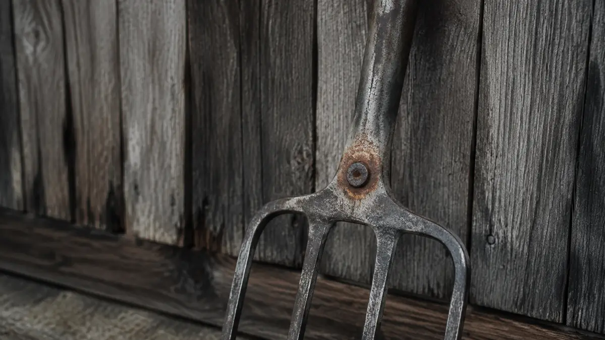 Close-up of a spading fork's weathered steel tines showing surface patina and a faint rust ring near the rivets