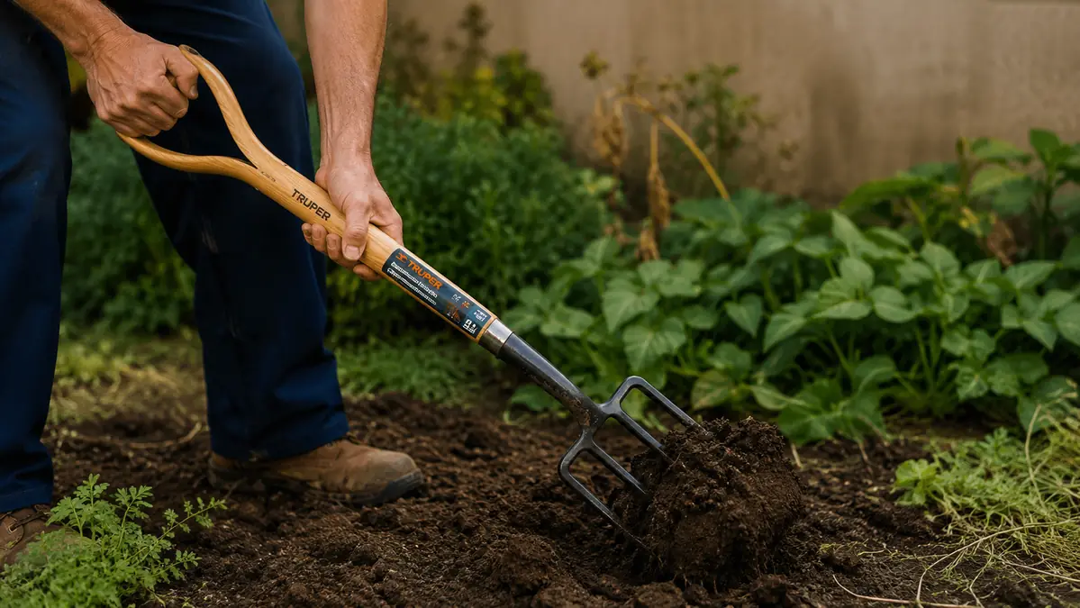 Close-up of hands gripping the wood D-handle of the spading fork while lifting a clump of turned soil
