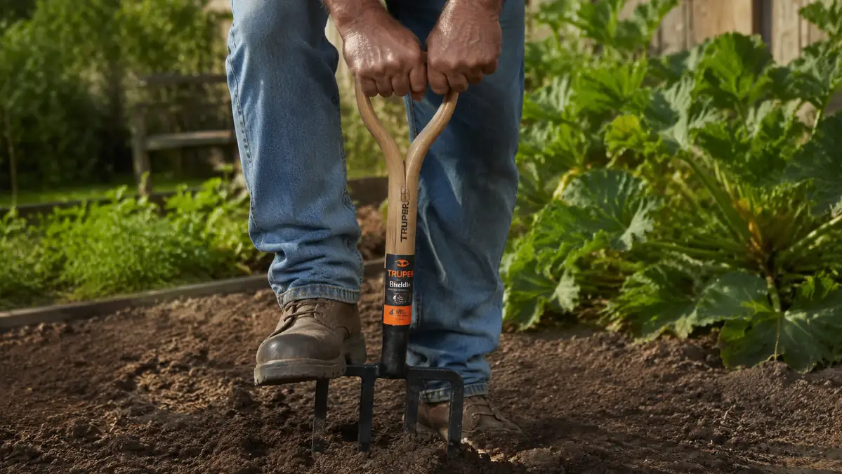 Close-up of hands pressing a Truper spading fork's four steel tines into compacted clay soil with a boot on the shoulder step