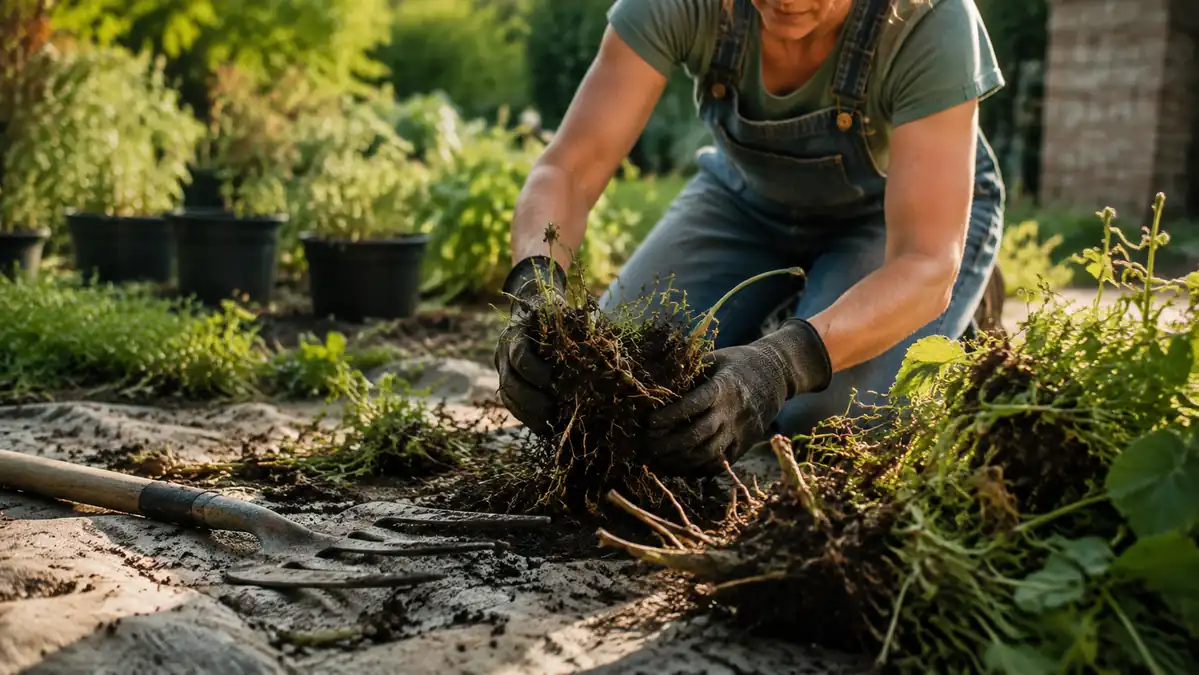 A gardener kneels beside a divided hosta clump with root sections separated by fork tines on a tarp in the yard